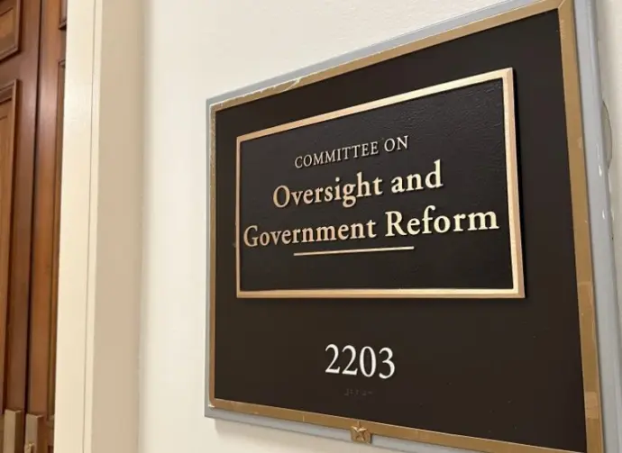WASHINGTON - APRIL 2^ 2025: Committee on Oversight and Government Reform 2203 sign an entrance exterior at house office building