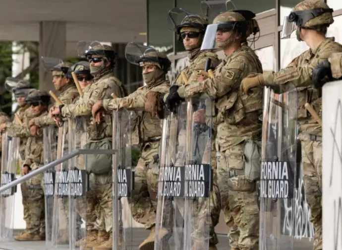 California National Guard soldiers protect a federal building during ICE deportation protests in Downtown LA. Los Angeles^ California^ USA - June 10^ 2025
