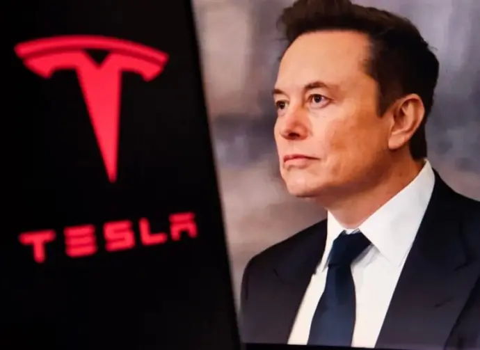 Elon Musk^ CEO of Tesla^ in a formal suit with the Tesla logo in the background. The image depicts electric vehicles^ innovations^ and tech leadership.