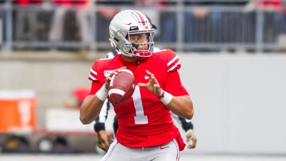 Justin Fields #1 - NCAA Division 1 Football University of Maryland Terrapins Vs. Ohio State Buckeyes on November 11th 2019 at the Ohio State Stadium in Columbus^ Ohio USA