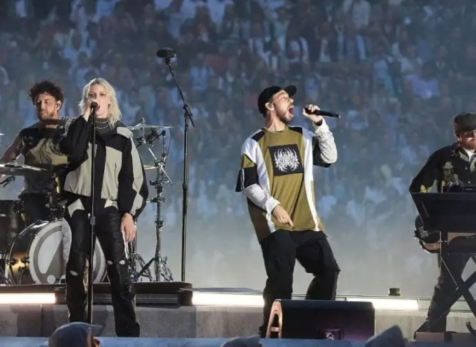 Linkin Park with lead singer Emily Marcia Armstrong perform on stage during the 2025 UEFA Champions League Final Opening ceremony at Munich arena in Munich Munich^ Germany - May 31^ 2025