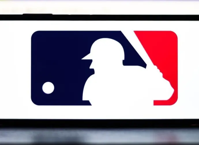 Selective focus of the MLB logo. It is the premier professional baseball league in North America^ featuring top players and teams: