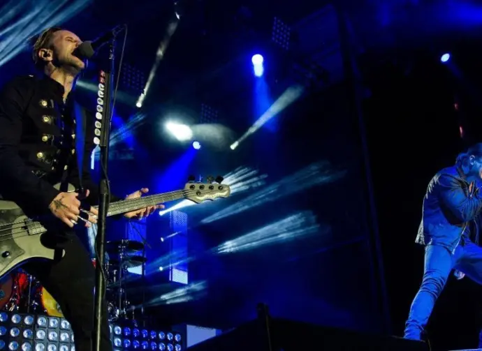 Brent Smith and Eric Bass with Shinedown perform live onstage at Rockstar Uproar Festival on September 25 2012 in Nampa^ Idaho. NAMPA^ IDAHO - SEPTEMBER 25