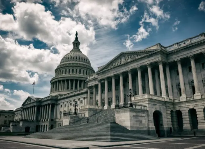 Dark and gloomy view of the deserted US Capitol Building under moody sky in Washington DC^ USA