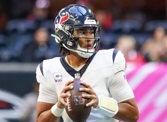 Houston Texans quarterback C.J. Stroud (7) looks to throw the ball during the game against the Atlanta Falcons on October 8^ 2023 at Mercedes-Benz Stadium in Atlanta^ Georgia.