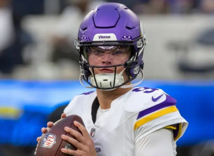 Minnesota Vikings quarterback J.J. McCarthy #9 warms up prior to an NFL football game against the Los Angeles Chargers Oct. 23^ 2025^ in Inglewood^ Calif.