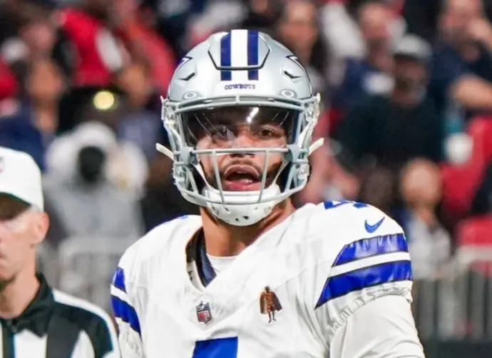 Dallas Cowboys quarterback Dak Prescott (4) looks to throw the ball against the Atlanta Falcons on November 3^ 2024 at Mercedes-Benz Stadium. ATLANTA^ GA-NOV 3