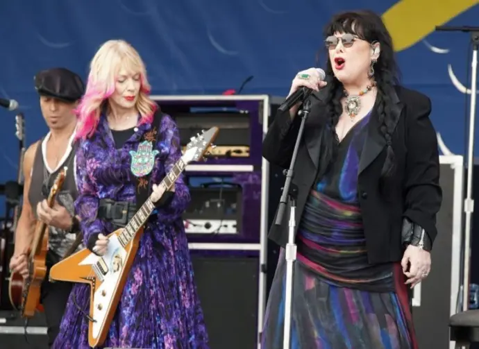 Heart's Ann and Nancy Wilson perform onstage at the 2024 New Orleans Jazz Heritage Festival at Fair Grounds Race Course on April 28^ 2024 in New Orleans Louisiana.