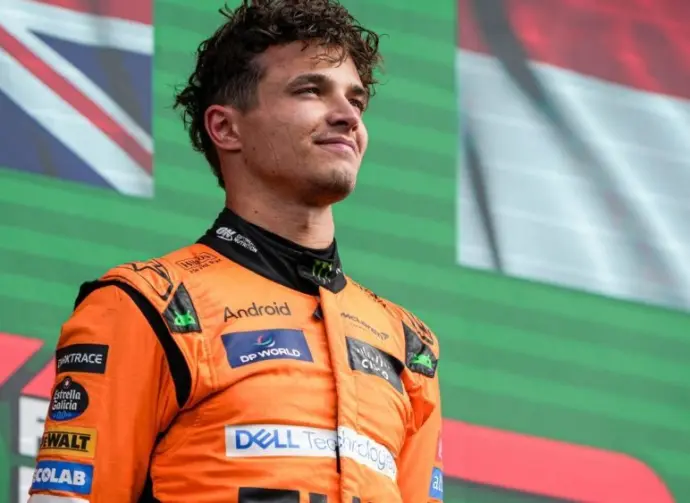 Lando Norris of McLaren looks up after coming in first place at the Trophy Ceremony during F1 - Heineken Dutch GP ZANDVOORT^ NETHERLANDS - AUGUST 25 2024