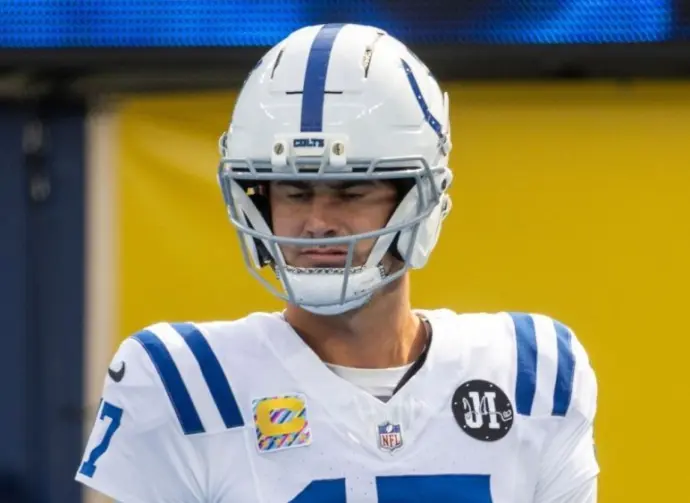 Indianapolis Colts quarterback Daniel Jones #17 warms up prior to an NFL football game against the Los Angeles Chargers at SoFi Stadium^ Oct. 19^ 2025^ in Inglewood^ Calif.