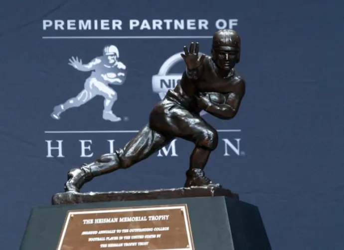 New York^ NY - December 14^ 2019: Heisman Memorial Trophy trophy on display at the Marriott Marquis Hotel