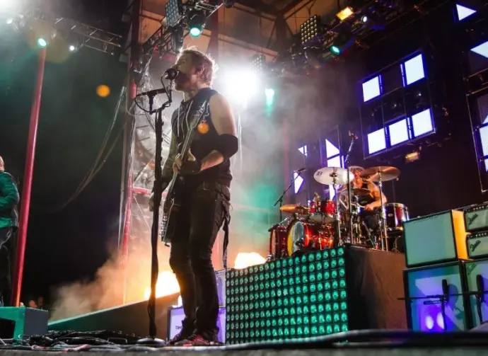 Both Brett Smith and Zach Myers entertain the crowd at the Rockstar Uproar Festival on September 25^ 2012 in Nampa^ Idaho.