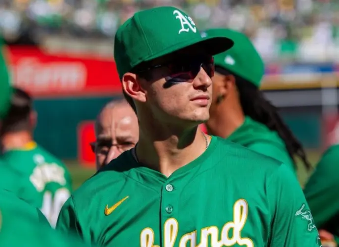 Oakland Athletics first baseman Tyler Soderstrom looks at the crowd after the A's won the final game at the Oakland Coliseum. Oakland^ California - September 26^ 2024