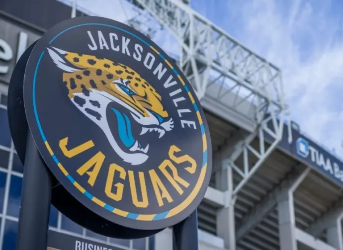 Jacksonville Jaguars NFL logo near football stadium Jacksonville^ Florida - January 28^ 2022
