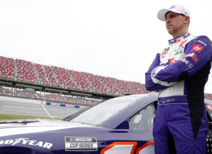 Denny Hamlin gets ready to qualify for the GEICO 500 in Lincoln^ AL^ USA. April 20^ 2024 - Lincoln^ AL^ USA