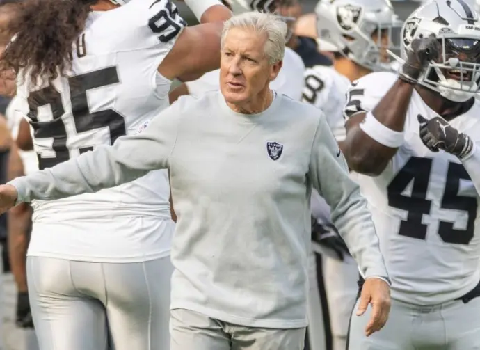 Las Vegas Raiders head coach Pete Carroll in a warmup before an NFL football game against the Los Angeles Chargers at SoFi Stadium^ Sunday Nov. 30^ 2025^ in Inglewood^ Calif.