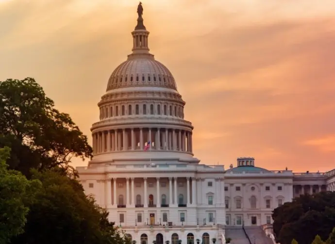 View of Capitol Hill in Washington DC in summer at sunset