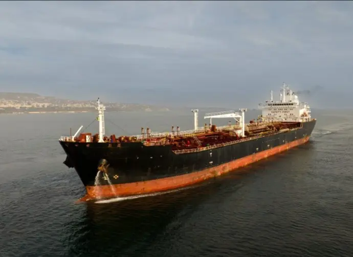 Aerial view of big oil tanker. Large oil tanker ship enters the port
