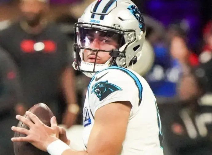 Carolina Panthers quarterback Bryce Young (9) warms up before the game against the Atlanta Falcons on January 5^ 2025 at Mercedes-Benz Stadium.