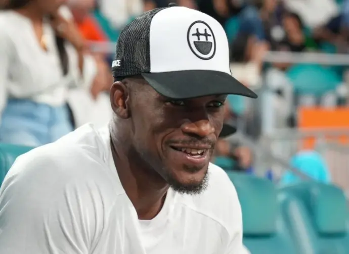 Jimmy Butler attends the semifinal match at 2023 Miami Open at the Hard Rock Stadium in Miami MIAMI GARDENS^ FLORIDA - MARCH 31^ 2023