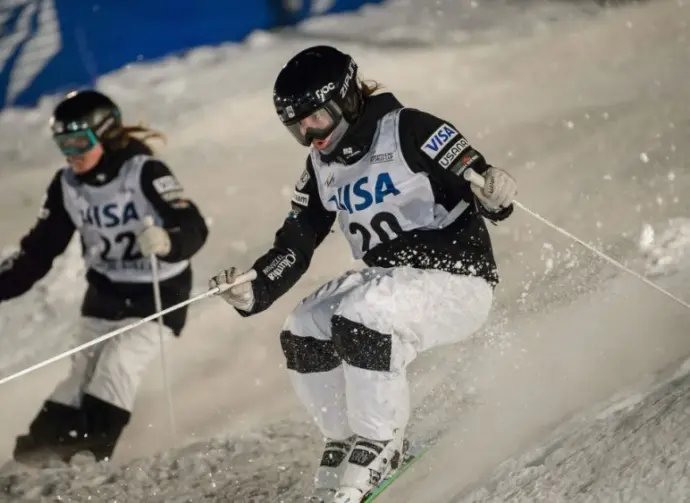 Jaelin Kauf (right) vs Olivia Giaccio (left) at the FIS Freestyle World Cup Moguls competition in Deer Valley^ UT on February 04^ 2017