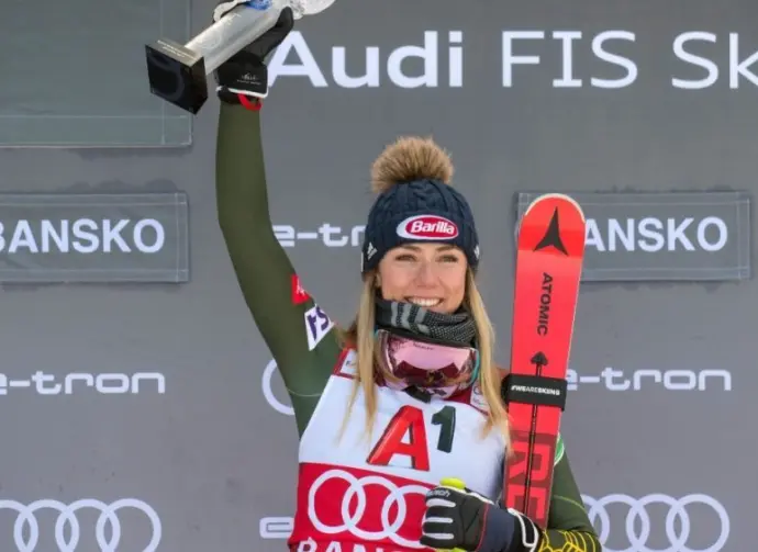 Mikaela Shiffrin (USA) takes 1st place during a women's World Cup Super-G in Bansko JANUARY 26^ 2020 ^ Bulgaria BANSKO^ BULGARIA - JANUARY 26^ 2020