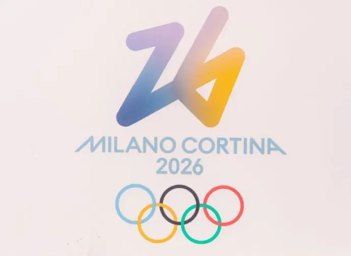 Milano Cortina 2026 Olympic Games logo with the number 26 and colorful Olympic rings displayed prominently on a white background Cortina^ Italy - January 27^ 2026