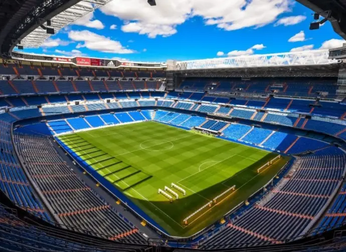 Panoramic view of Santiago Bernabéu Stadium pitch and stands during Tour del Bernabéu. Madrid^ Spain - April 24^ 2016