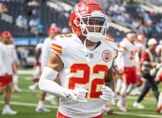 KC Chiefs cornerback Trent McDuffie #22 warms up prior to an NFL football game against the LA Chargers at SoFi Stadium^ Aug. 17^ 2024^ in Inglewood^ Calif.