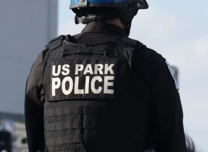 United States Park Police with blue helmet on horseback at the Lincoln Memorial. Washington D.C.^ USA - February 11^ 2026