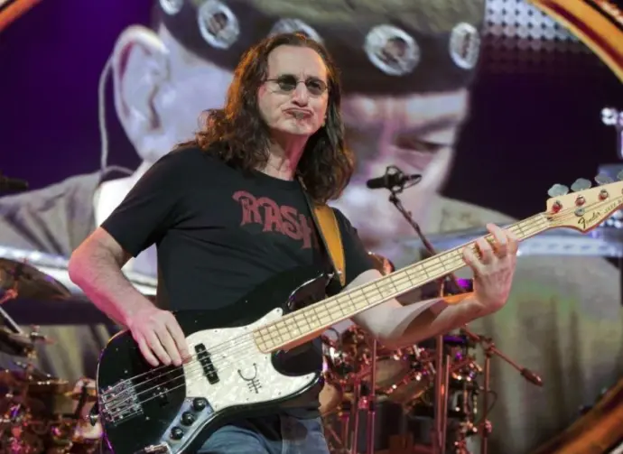 Geddy Lee of the rock band Rush hits the stage for part of their Time Machine Tour at the Gibson Amphitheater in Universal City^ CA on June 22^ 2011.