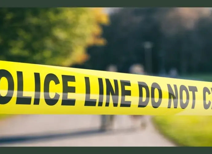 Police line outdoors. Warning yellow tape^ text police line do not cross^ blur park nature background. 3d illustration