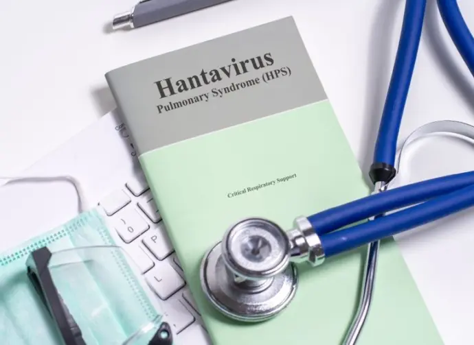 Hantavirus Pulmonary Syndrome (HPS) Critical Respiratory Support booklet with stethoscope^ mask and clinical desk setup.