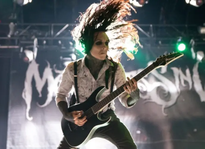 Motionless in White (metalcore music band) perform in concert at Download (heavy metal music festival) on June 22^ 2017 in Madrid^ Spain.
