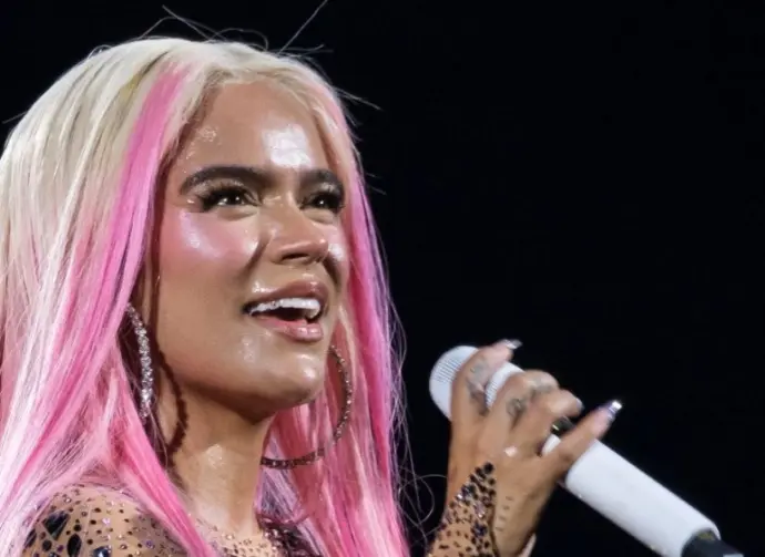 Singer Karol G during a performance at the Santiago Bernabeu^ on July 20^ 2024^ in Madrid^ Spain