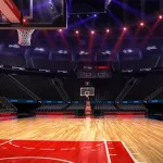 Basketball court. Sport arena.Photoreal 3d render background. blured in long shot distance