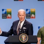 President Biden and Ukrainian President Volodymyr Zelenskyy with G7 leaders event to announce a Joint Declaration of Support to Ukraine during NATO SUMMIT 2023. VILNIUS^ LITHUANIA. 12th July 2023