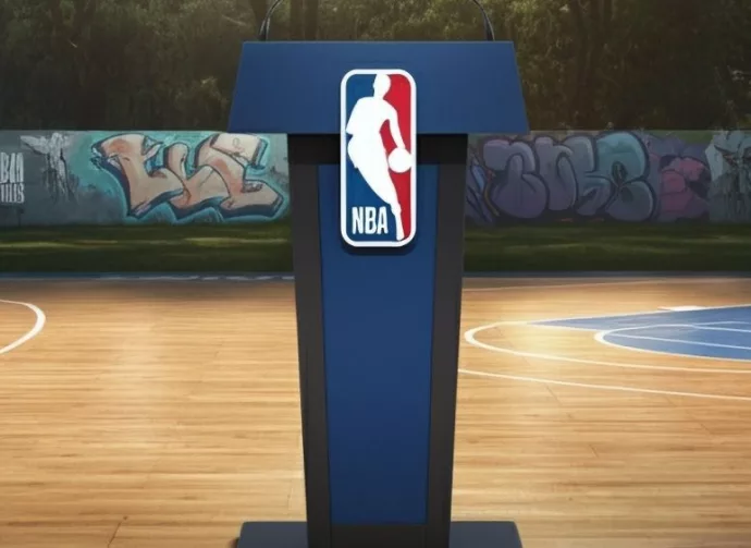 nba blue stand podium with microphone stand standing in the middle of basketball court in city park metro manila