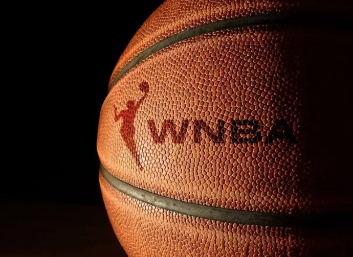 Closeup of a basketball with the WNBA logo and text