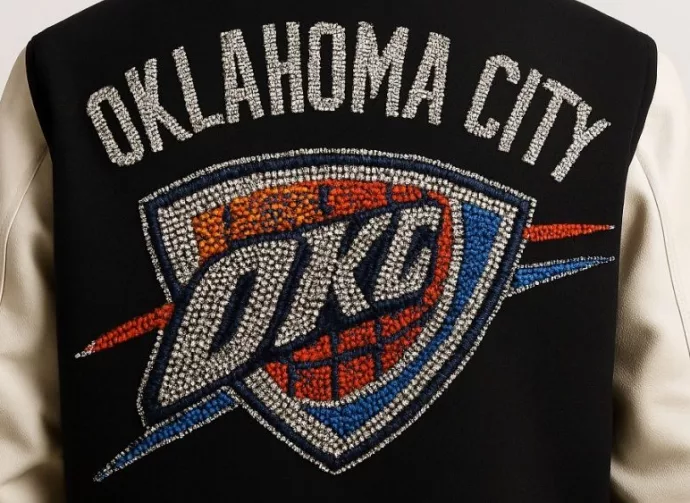 OKLAHOMA CITY THUNDER IN ALL RHINESTONES AS PATCH ON BACK OF MENS VARSITY JACKET