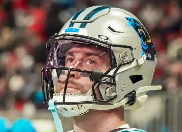 Carolina Panthers wide receiver Adam Thielen (19) on the sidelines against the Atlanta Falcons on January 5^ 2025 at Mercedes-Benz Stadium.
