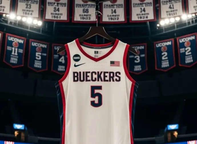 Former UCONN standout Paige Bueckers jersey #5 hanging in the Uconn arena