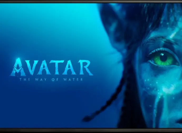 TV on black textured wall playing 'Avatar: The Way of Water' movie. Moscow^ Russia - November 3^ 2022.