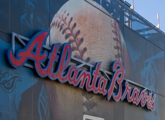 The Atlanta Braves logo on the back of the scoreboard at Truist Park in Atlanta Georgia USA Atlanta Georgia USA - 9 7 2024