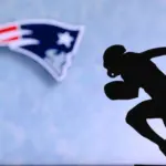 New England Patriots. Silhouette of professional american football player. Logo of NFL club in background^ edit space.