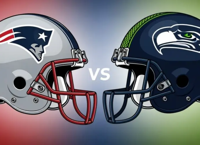 This content was generated by an Artificial Intelligence (AI) system. New England Patriots Helmet vs. Seattle Seahawk Helmet illustration