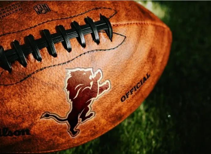 Detroit Lions NFL football Team Logo on the leather of American Football Ball NEW YORK^ USA^ FEBRUARY 11^ 2025