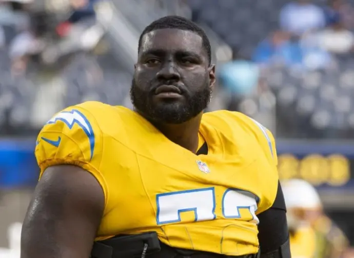 Los Angeles Chargers guard Mekhi Becton Sr. #73 warms up prior to an NFL football game against the Indianapolis Colts at SoFi Stadium^ Oct. 19^ 2025^ in Inglewood^ Calif.