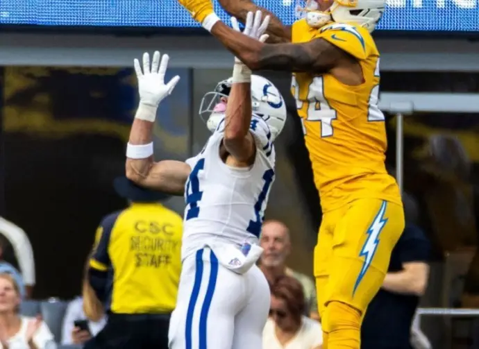 Indianapolis Colts Alec Pierce #14 during an NFL football game at SoFi Stadium^ Oct. 19^ 2025^ in Inglewood^ Calif.