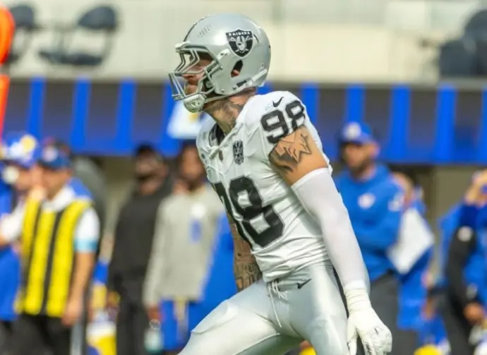 Las Vegas Raiders defense end Maxx Crosby #98 celebrates after an interception against the Los Angeles Rams in an NFL football game at SoFi Stadium^ Oct. 20^ 2024^ in Inglewood^ Calif.
